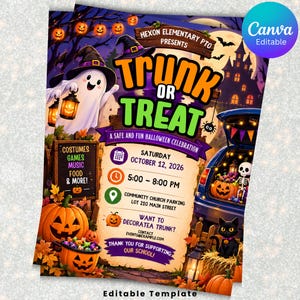 Può includere: Un volantino per un evento di Halloween Trunk or Treat con un fantasma con cappello da strega, un bagagliaio pieno di dolci e uno scheletro, un gatto nero e zucche. Il testo include Hexon Elementary PTO, Trunk or Treat, 12 ottobre 2026.