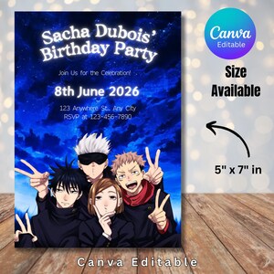 May include: A Canva-editable birthday party invitation featuring anime characters. The invitation is 12.7cm x 17.8cm and includes the text "Sacha Dubois' Birthday Party", date, time, and RSVP information against a blue background.