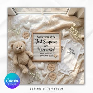 May include: A neutral-toned baby announcement scene with a teddy bear, a letter board with the text "Sometimes the Best Surprises Are Unexpected," and a white onesie that says "Baby SMITH." Decorative hearts and floral accents complete the arrangement.
