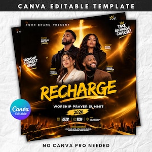 Pode incluir: Um modelo de folheto digital para um Worship Prayer Summit 2026 intitulado RECHARGE. Apresenta quatro pessoas, efeitos de luz dourada e texto incluindo Pastor Jordan Miles, Psalmist Tiara Blake, Worship Leader Emily Carter e Speaker David Cooper.