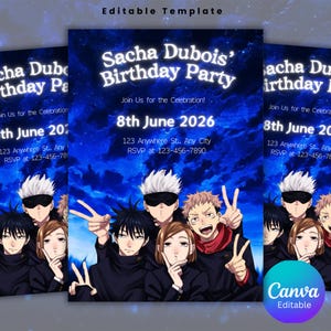 May include: A birthday party invitation template with a blue starry background. The invitation features the text "Sacha Dubois' Birthday Party" and event details. The design includes anime-style character illustrations and the Canva logo.