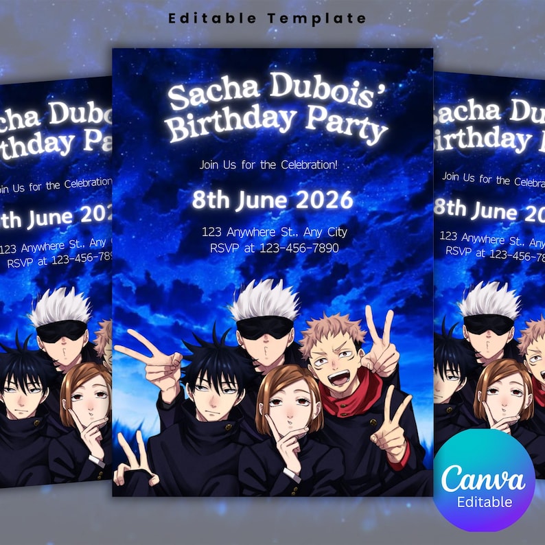 May include: A birthday party invitation template with a blue starry background. The invitation features the text "Sacha Dubois' Birthday Party" and event details. The design includes anime-style character illustrations and the Canva logo.