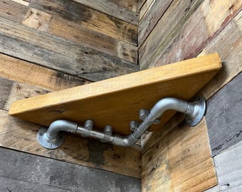 Wooden Corner Shelf With Steel Pipe Under Brackets