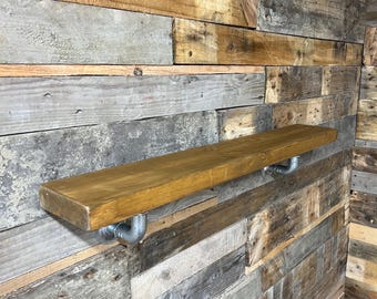 Handmade Rustic Wood Wall Shelf | Metal Pipe Bracket
