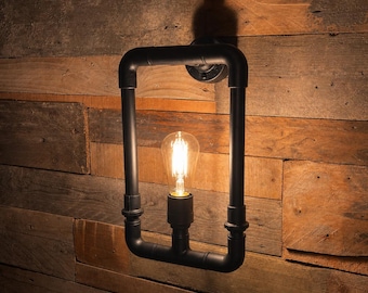Industrial Black Wall Light – Handmade Rectangular Pipe Sconce | Vintage Edison Style Wall Lamp | Rustic Modern Lighting