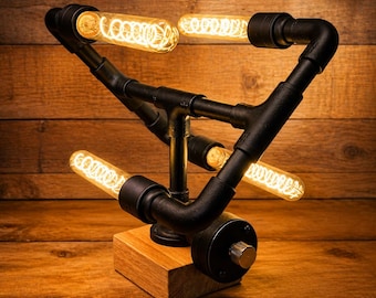 The Cross o’ Hands Junction | Handmade Industrial Desk Lamp | Dimmable 4 Bulb Table Lamp on Oak Base