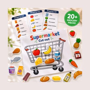 May include: A supermarket cut-out puzzle set featuring a white board with a shopping cart illustration, three shopping list cards, and over 20 colorful grocery item pieces including fruit, vegetables, dairy, and snacks with printed text.