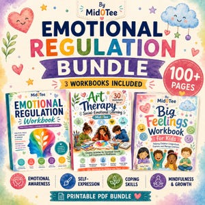 May include: An Emotional Regulation Bundle printable PDF set featuring three workbooks: Emotional Regulation Workbook, Art Therapy Social-Emotional Learning, and Big Feelings Workbook for Kids. The cover art includes colorful illustrations, hearts, and clouds.
