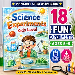 Op de afbeelding: Een kleurrijk STEM-werkboek getiteld "Science Experiments Kids Love!" toont een stripfiguur van een jongen met een vergrootglas. De cover benadrukt "18 Fun Experiments" voor kinderen van 5-9 jaar, met pictogrammen.