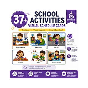 School Activities Visual Schedule Cards Printable | Classroom Routine Visuals | Preschool Kindergarten Visual Supports | Autism Cards PDF