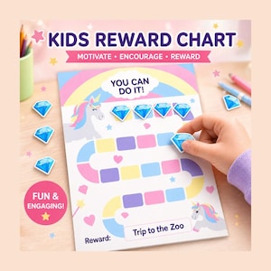 May include: A kids reward chart featuring a unicorn, rainbow, and diamond-shaped stickers. The chart includes the text KIDS REWARD CHART, MOTIVATE ENCOURAGE REWARD, YOU CAN DO IT, FUN & ENGAGING, and Reward: Trip to the Zoo. Pastel colored squares form a path.