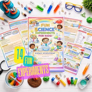 May include: A colorful science experiment kit for kids, featuring printed instructions, beakers, test tubes, and a microscope. The kit includes a certificate of achievement and the text "Fun Science Experiments for Kids!"
