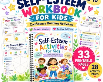 May include: A spiral-bound workbook titled Self-Esteem Activities for Kids featuring colorful illustrations of children, rainbows, hearts, and stars. The cover includes text such as I am enough, I am proud of me, and Kindness Counts, surrounded by printable activity pages.