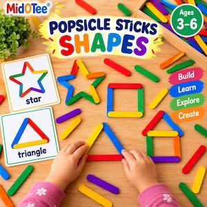 May include: A set of colorful wooden popsicle sticks for building shapes, including cards labeled star and triangle. The kit features text reading MidOTee, Popsicle Sticks Shapes, Ages 3-6, and Build, Learn, Explore, Create. Various sticks are scattered.