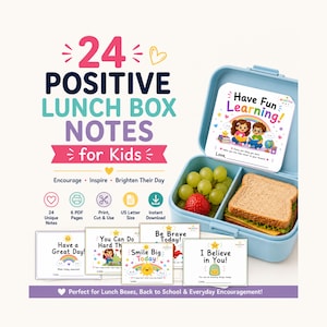 May include: A set of 24 positive lunch box notes for kids featuring colorful illustrations and motivational text. The notes include phrases like Have Fun Learning, Have a Great Day, You Can Do Hard Things, and I Believe in You, displayed alongside a light blue lunch box containing grapes, a strawberry, and a sandwich.