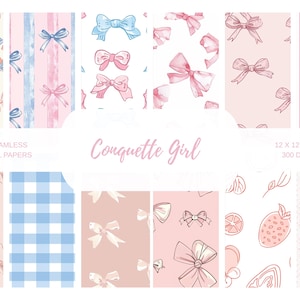 Coquette Aesthetic Digital Paper – Pink Bow Seamless Patterns, Cute Pastel Scrapbook Papers, 12x12 PNG, Soft Girly Backgrounds, 300 DPI