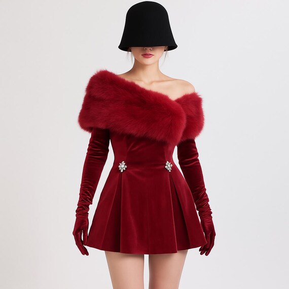 strapless open back dress Off-Shoulder Faux Fur Trim Mini Dress