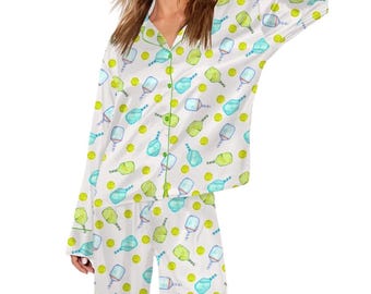 Pickleball-pyjamasset Roliga långärmade pyjamasar med byxor för kvinnor, Pickleball-paddel, bolltryckta sovkläder, mjukt loungeset i bomullsblandning, present