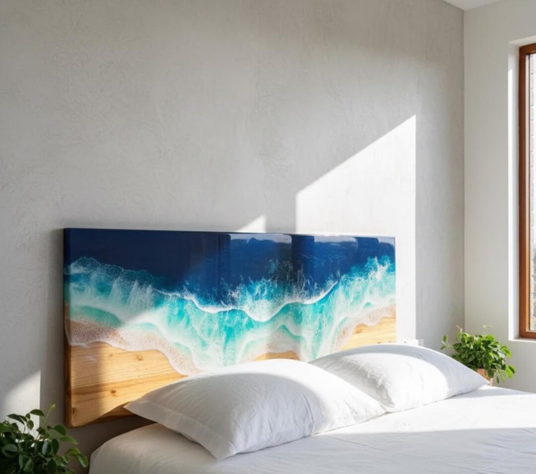 Ocean Wave Live Edge Headboard | Blue Epoxy Resin, Coastal Decor - Etsy