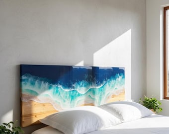 Ocean Wave Live Edge Headboard | Blue Epoxy Resin, Coastal Decor
