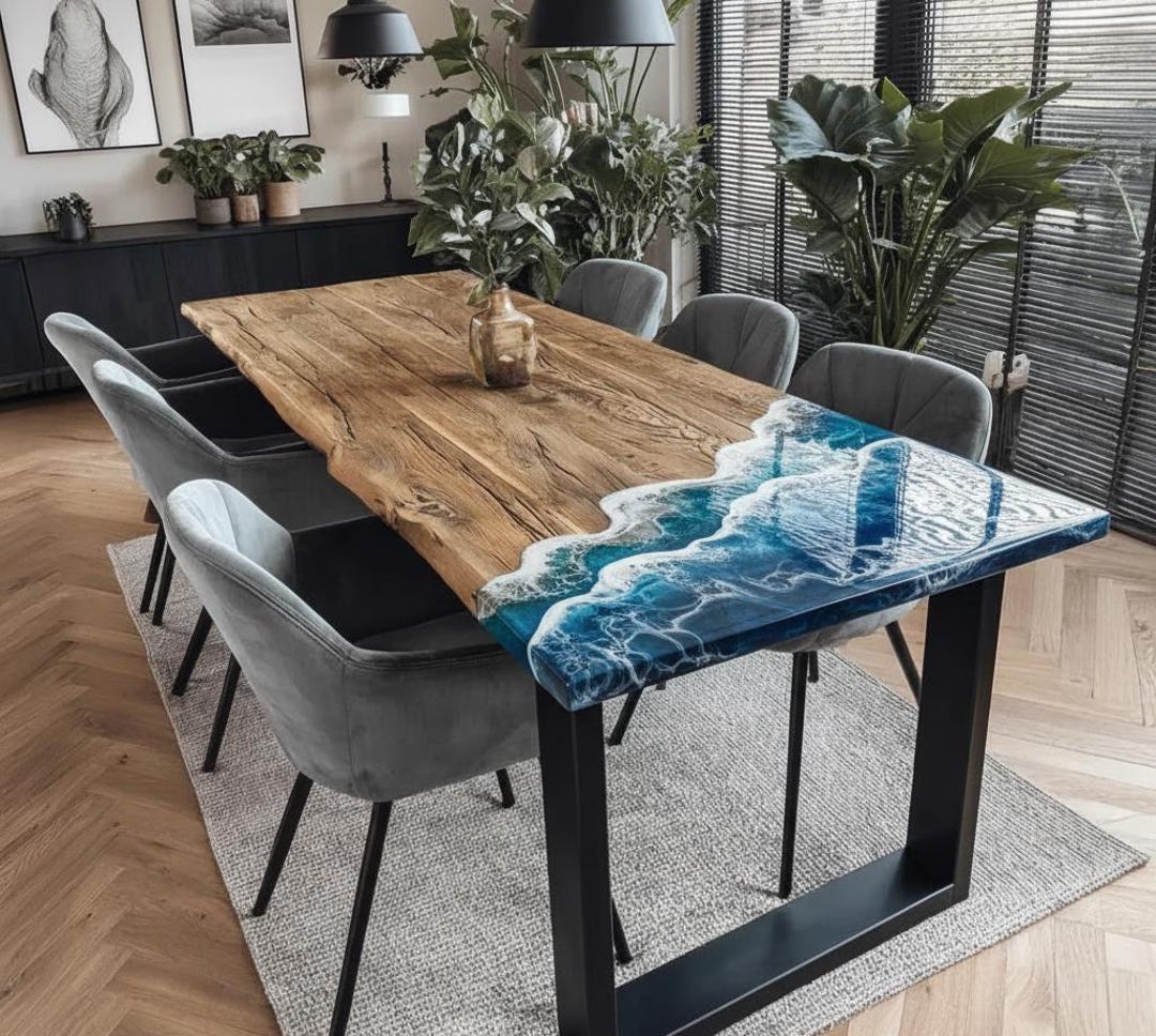 Ocean Epoxy Dining Table – Live Edge Wood, Handmade Resin Beach Waves ...
