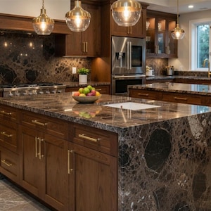May include: A kitchen featuring dark wood cabinetry with gold hardware, a large central island with a dark brown marble countertop and waterfall edge, a matching marble backsplash, stainless steel appliances, and glass pendant lighting.