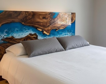 Live Edge Walnut Headboard | Ocean Wave Resin Art, Coastal Decor