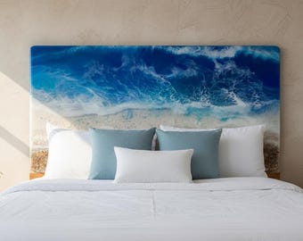 Ocean Wave Resin Headboard | Handmade Coastal Wood Bed Decor