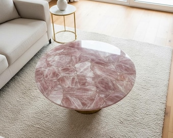 Pink Rose Quartz Coffee Table | Handmade Gemstone Table Top | Luxury Crystal Furniture | Elegant Living Room Decor