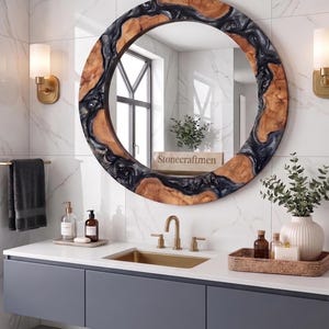 Luxury Black Resin Mirror | Handmade Round Epoxy Wall Mirror | Modern Bathroom Vanity Decor
