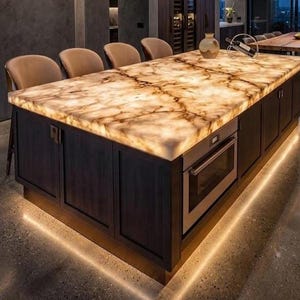 Backlit Cristallo Quartzite Countertop | Luxury Translucent White Stone Kitchen Island Slab | Illuminated Quartzite Worktop