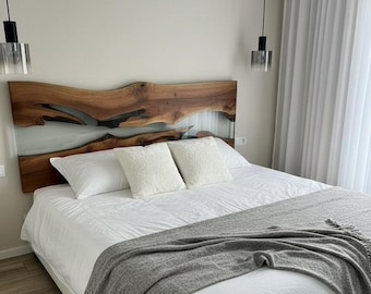Handmade Clear Resin Walnut Headboard | Live Edge, Rustic Bedroom Decor