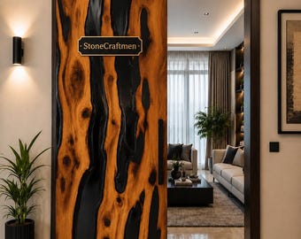 Walnut Wood Epoxy Resin Barn Door | Custom Handmade Sliding Door | Luxury Modern Interior Door
