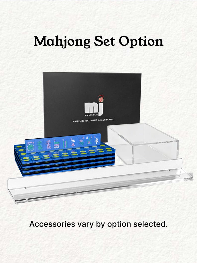 a set of Mah Jongg tiles and a clear plastic case, with the text "Mahjong Set Option" and "Accessories vary by option selected."