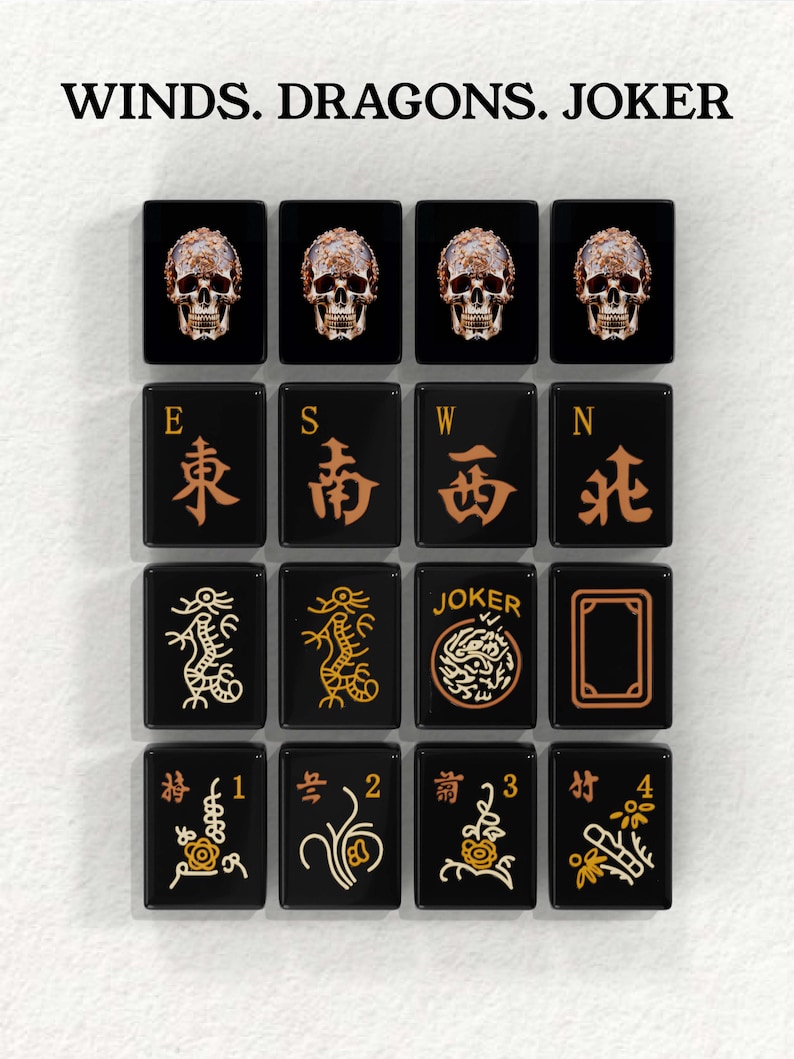 a collection of black square tiles with various symbols and text on them, arranged in a grid-like pattern.