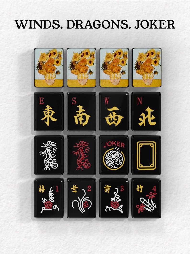 The image is a collage of various images, including a vase of flowers, a dragon, a joker, and a square with the number 1, 2, 3, and 4.