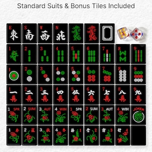 The image is a collection of cards from a Chinese game, specifically a game of mahjong. The cards are arranged in a grid format, with each card featuring a combination of symbols and numbers. The cards are black with red and green accents, and the text "COMPLETE 166-TILE SET" is displayed at the top of the image.