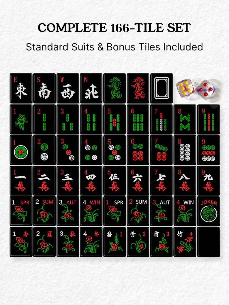 The image is a collection of cards from a Chinese game, specifically a game of mahjong. The cards are arranged in a grid format, with each card featuring a combination of symbols and numbers. The cards are black with red and green accents, and the text "COMPLETE 166-TILE SET" is displayed at the top of the image.