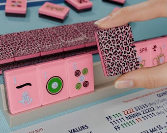 Fichas de Mahjong Pink Leopard Bold, juego de 166 fichas de Mahjong americano de tamaño estándar, reverso de resina rosa brillante, regalo para una noche de juegos.