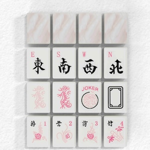 a collection of playing cards with various symbols and text, including the words "Winds, Dragons, Joker" and the numbers 1, 2, 3, and 4.