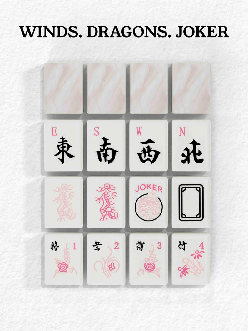 a collection of playing cards with various symbols and text, including the words "Winds, Dragons, Joker" and the numbers 1, 2, 3, and 4.