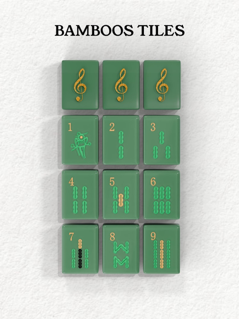 a collection of green tiles with musical notes and numbers on them, arranged in a grid pattern.