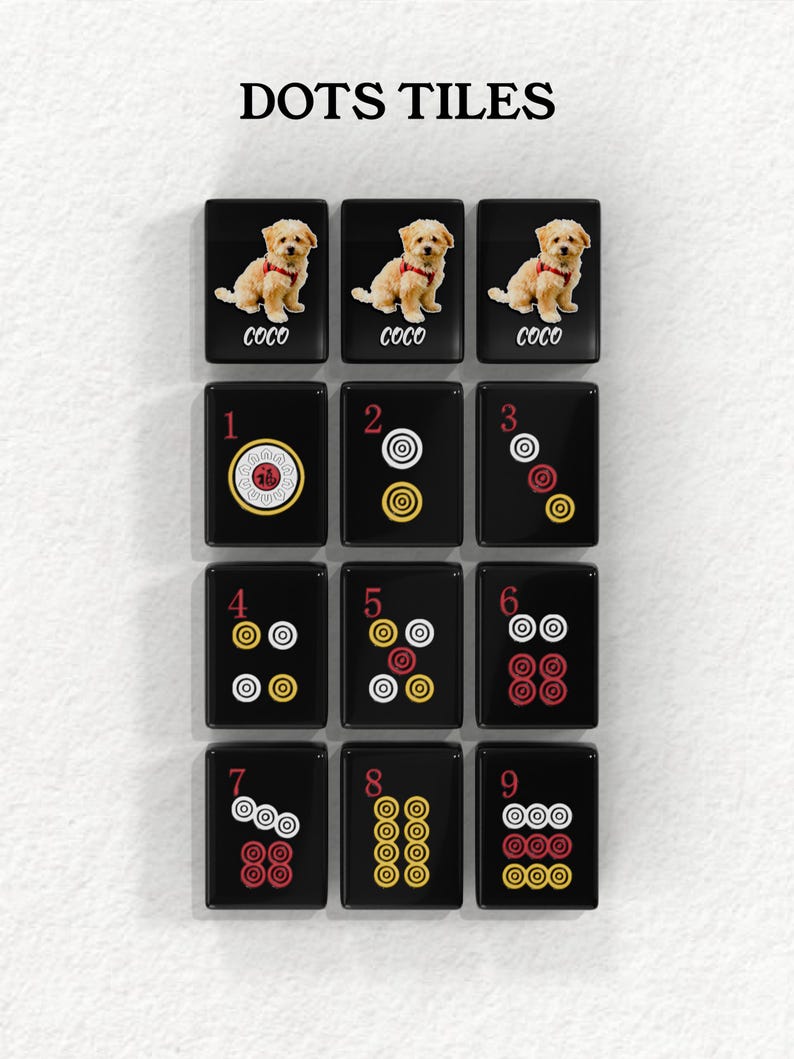 The image is a collage of 12 black tiles, each featuring a different number and a dog image. The tiles are arranged in a grid pattern, with each tile containing a unique number and a dog image. The tiles are labeled with the numbers 1 through 9 and the words 'Coco' and 'Coco' written on them.