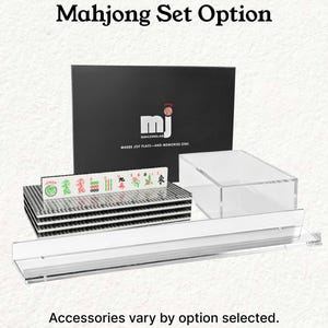 a set of mahjong tiles and accessories, including a clear plastic case and a stack of tiles. The text above the image reads "Mahjong Set Option" and below the image, it states "Accessories vary by option selected."
