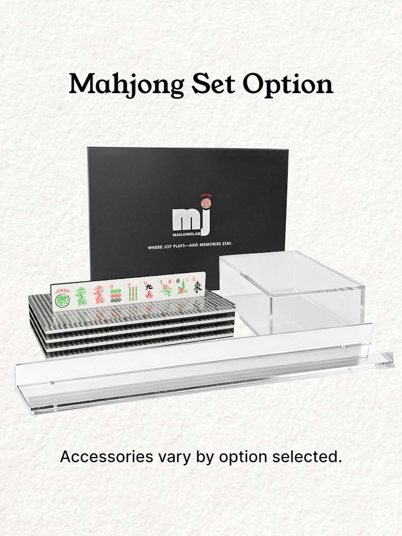 a set of mahjong tiles and accessories, including a clear plastic case and a stack of tiles. The text above the image reads "Mahjong Set Option" and below the image, it states "Accessories vary by option selected."