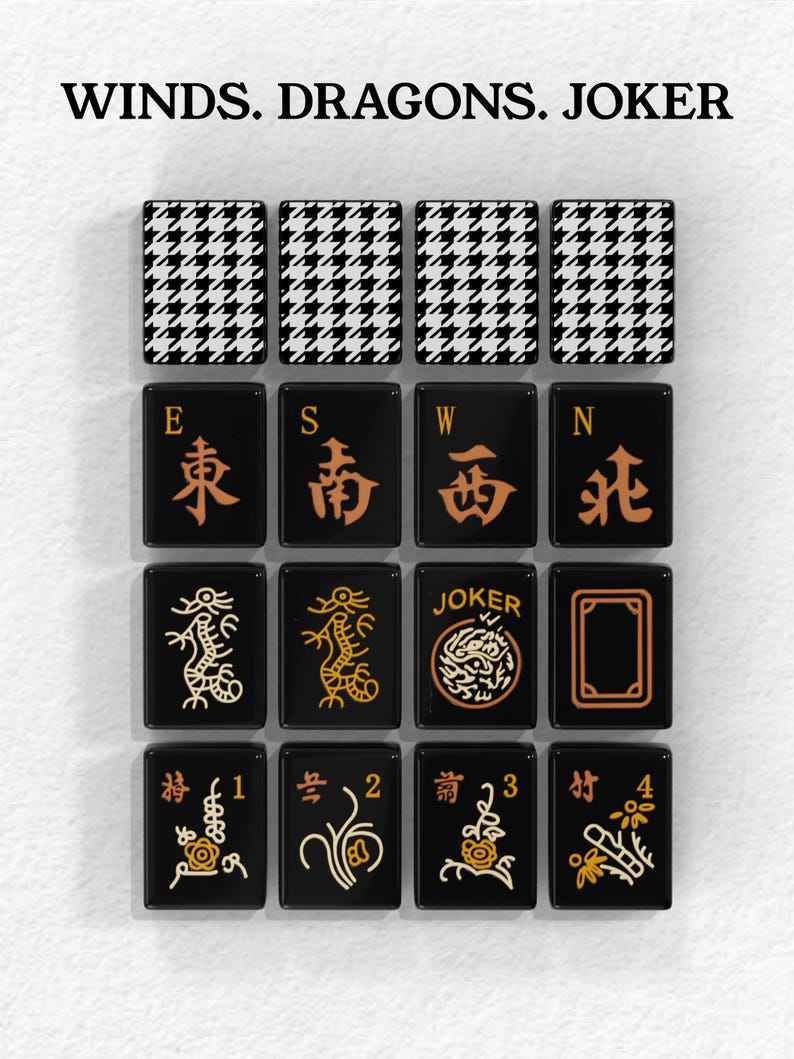 a collection of black and white checkered tiles with various designs and symbols, including winds, dragons, and a joker.