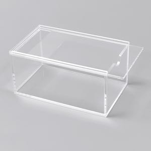 A clear, rectangular, and transparent plastic box with a handle on the right side.