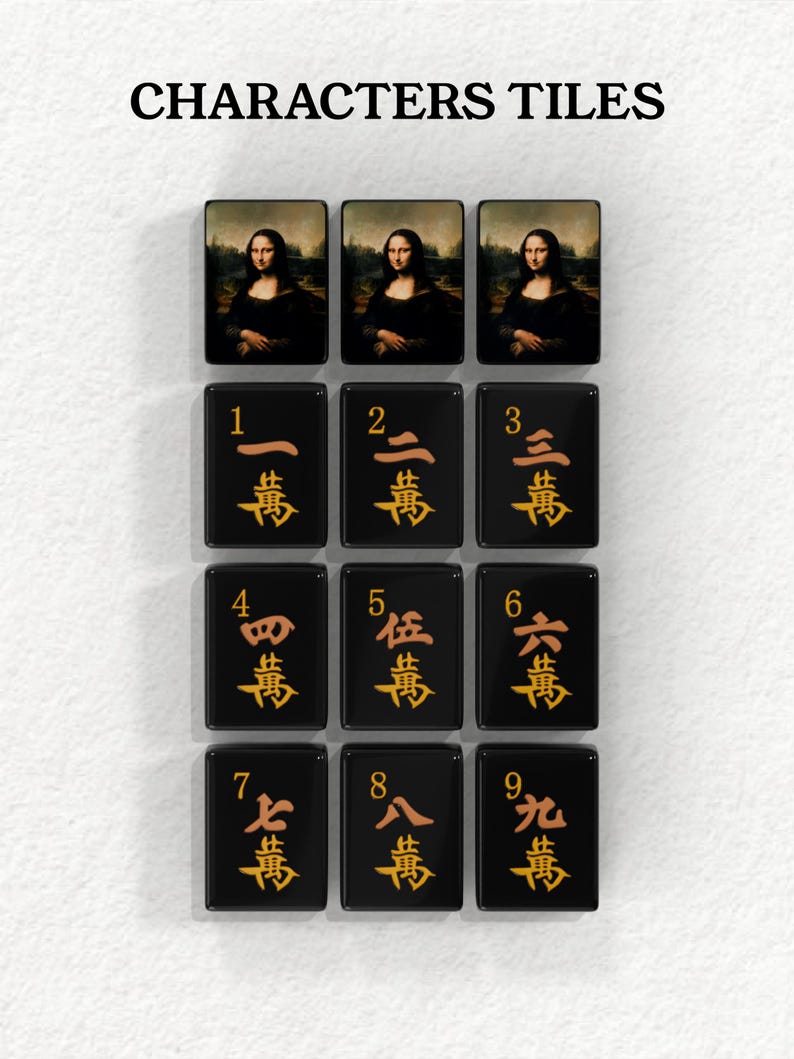 a collection of tiles, each featuring a different character or symbol. The tiles are arranged in a grid pattern, with each tile displaying a unique character or symbol. The tiles are black with gold accents, creating a visually striking contrast. The image does not contain any text, and the arrangement of the tiles suggests a deliberate design choice.