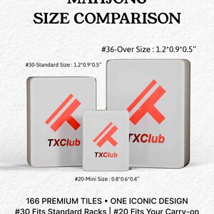The image is a size comparison advertisement for the Mahjong tiles, featuring three different tile sizes and their corresponding dimensions.