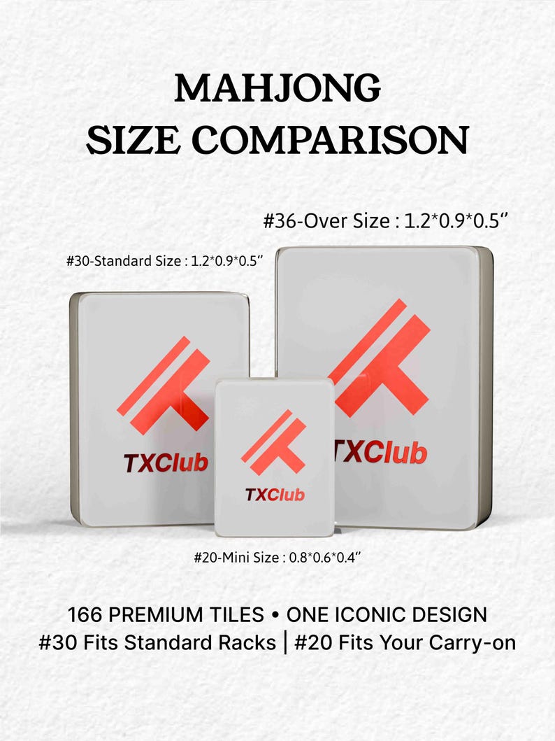 The image is a size comparison advertisement for the Mahjong tiles, featuring three different tile sizes and their corresponding dimensions.